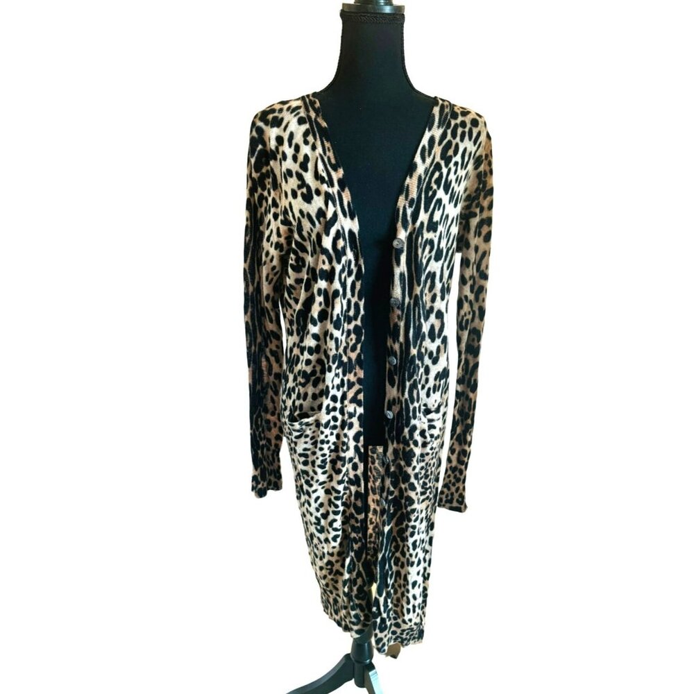 Ellison Long Lightweight Knit Leopard Print Open Cardigan Sweater M Office Money